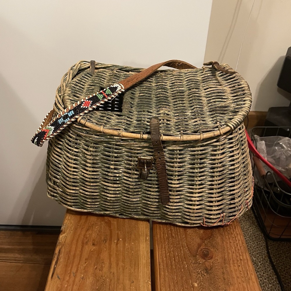 Vintage Green Fishing Creel Large Basket With Native Bead Style Leather Strap